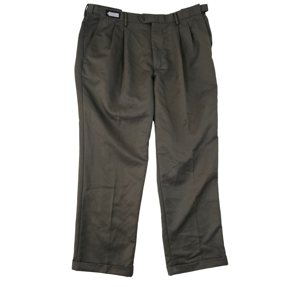 Savane Mens Pleated Dress Pants 38x30 Artichoke Green Comfort Waist Cuffed Hem